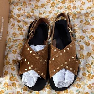 Madewell Tan Suede Sandals with Gold Studs